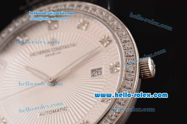Vacheron Constantin Patrimony Swiss ETA 2824 Automatic Steel Case Diamond Bezel with Black Leather Strap White Dial Diamond Markers - Click Image to Close